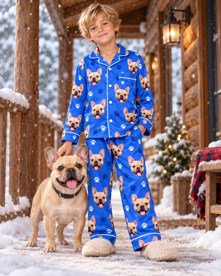 Boy in birthday boy pajamas with his French bulldog — MyDogPics