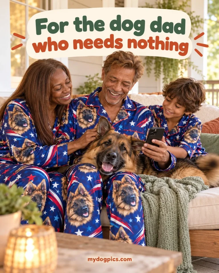 Family on a porch sofa in pajamas printed with their German Shepherd, a birthday surprise for a dog dad — MyDogPics