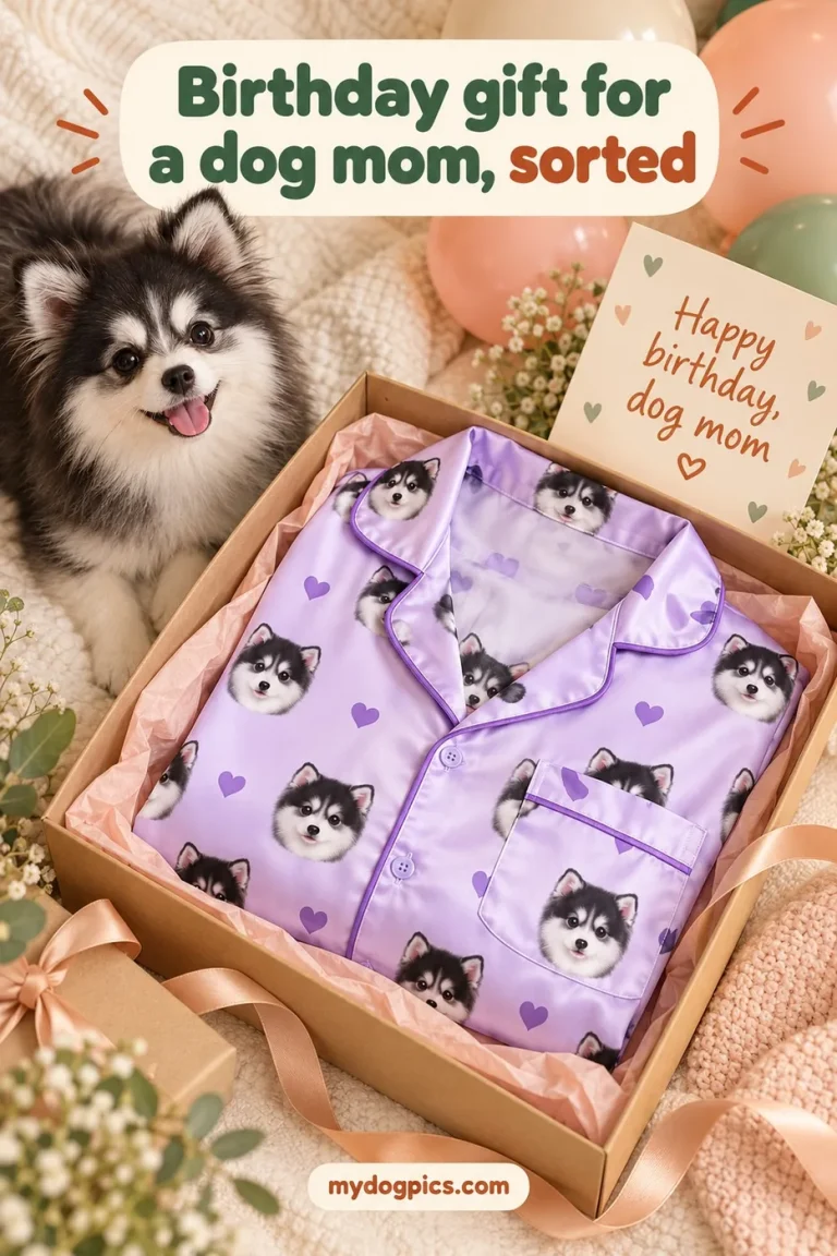 Dog-face satin shirt dress folded in a gift box beside a birthday card, ready for a dog mom — MyDogPics