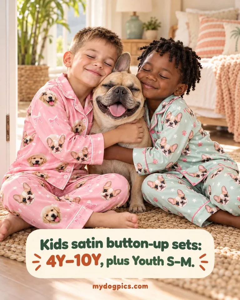 Two children in pink and mint French bulldog pajama sets hugging their dog, birthday pajamas for kids, MyDogPics