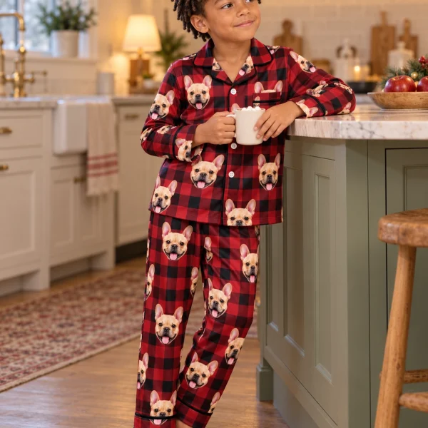 Boy posing in boys Christmas pajamas, fawn French bulldog faces on red plaid satin — MyDogPics