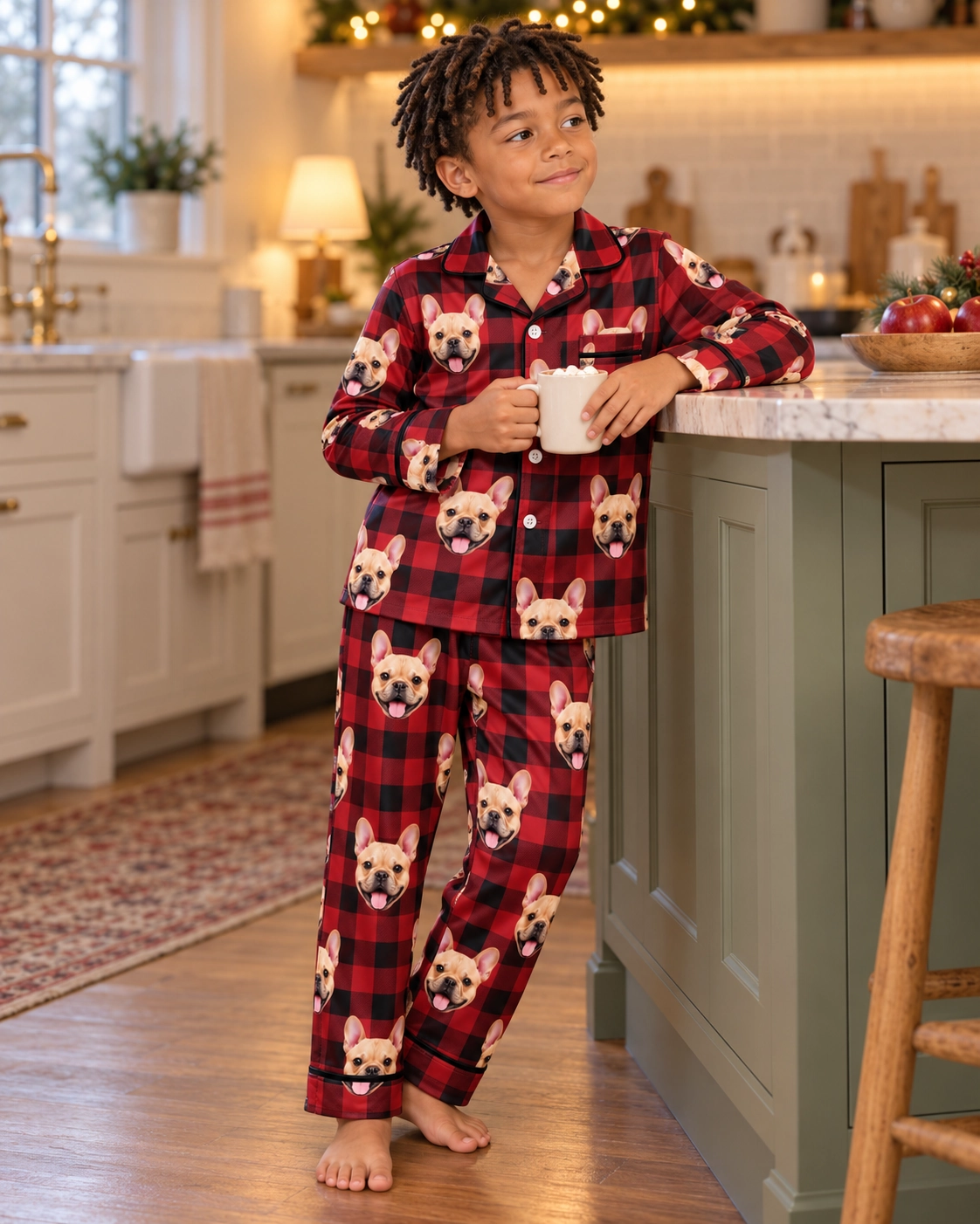 Boys Christmas Pajamas – Pose, Red Plaid | MyDogPics Boy posing in boys Christmas pajamas, fawn French bulldog faces on red plaid satin — MyDogPics