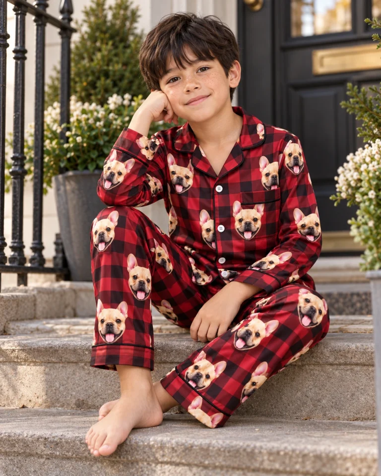 Boy sitting in boys Christmas pajamas covered in fawn French bulldog faces — MyDogPics