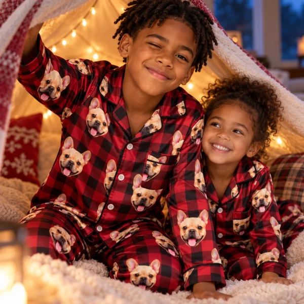 Two kids in boys Christmas pajamas with fawn French bulldog faces on red plaid satin — MyDogPics
