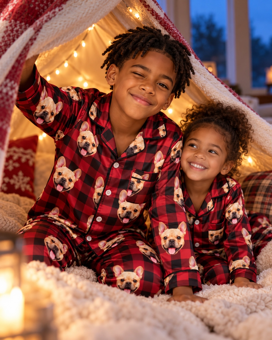 Boys Christmas Pajamas – Two Kids, Red Plaid | MyDogPics Two kids in boys Christmas pajamas with fawn French bulldog faces on red plaid satin — MyDogPics
