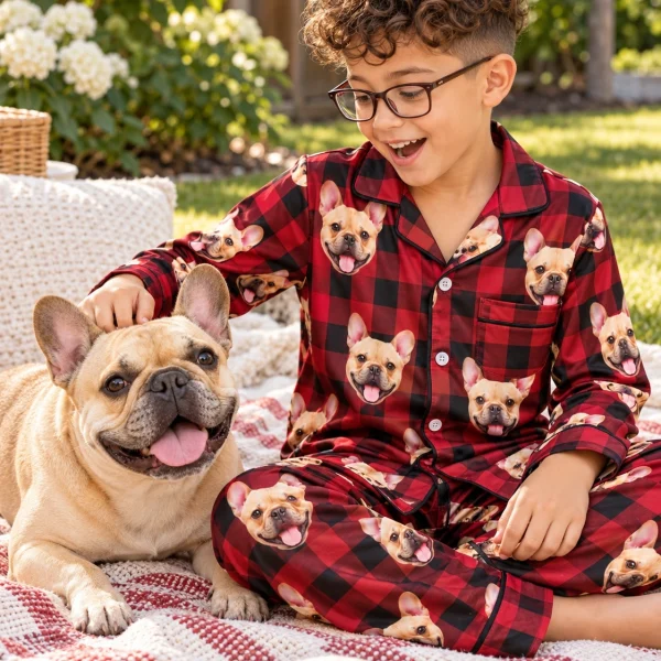 Boy in boys Christmas pajamas with his French bulldog — MyDogPics