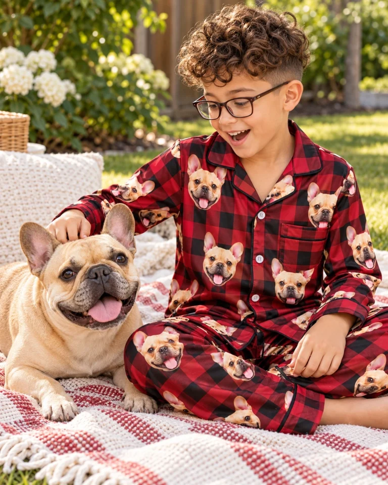 Boy in boys Christmas pajamas with his French bulldog — MyDogPics