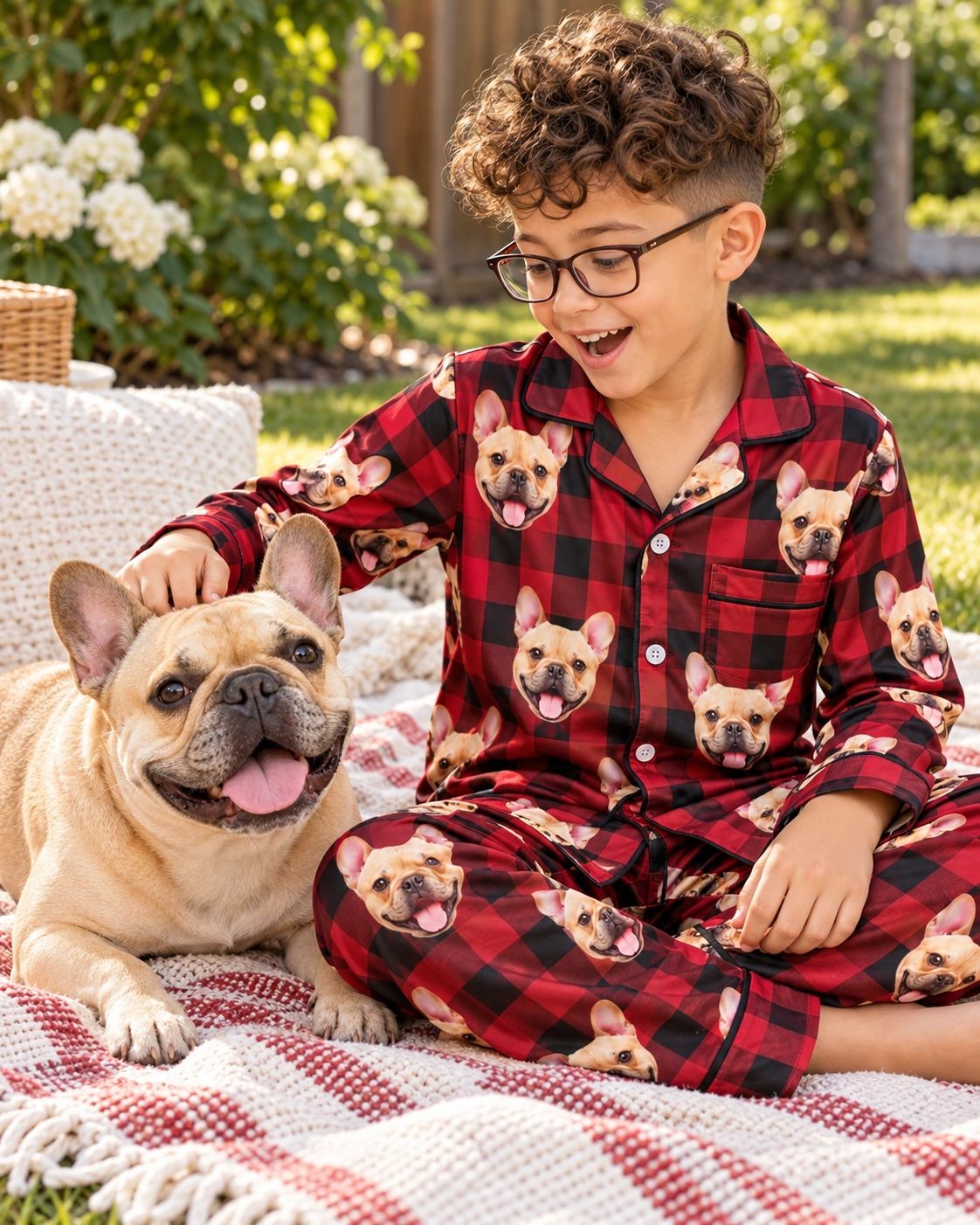 Boys Christmas Pajamas – With Dog, Red Plaid | MyDogPics Boy in boys Christmas pajamas with his French bulldog — MyDogPics