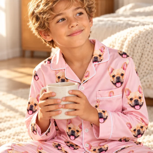 Close-up of the boys easter pajamas print: fawn French bulldog faces on blush pink satin — MyDogPics