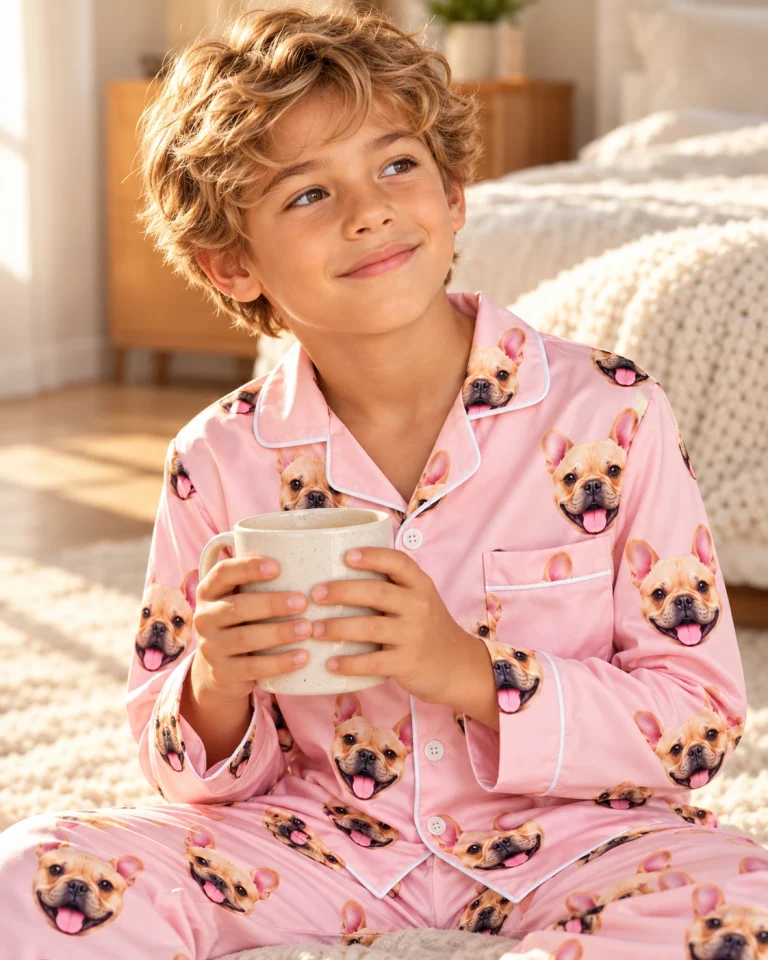 Close-up of the boys easter pajamas print: fawn French bulldog faces on blush pink satin — MyDogPics
