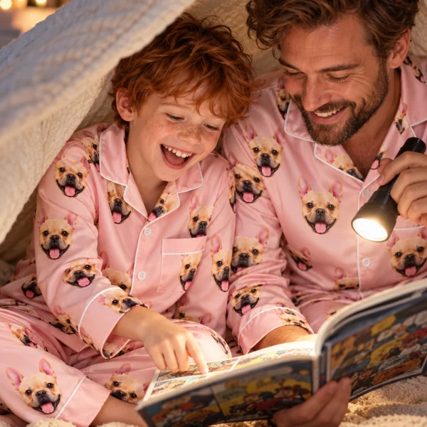 Boy and his dad in matching boys easter pajamas with fawn French bulldog faces on blush pink satin — MyDogPics
