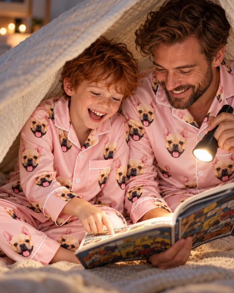 Boy and his dad in matching boys easter pajamas with fawn French bulldog faces on blush pink satin — MyDogPics