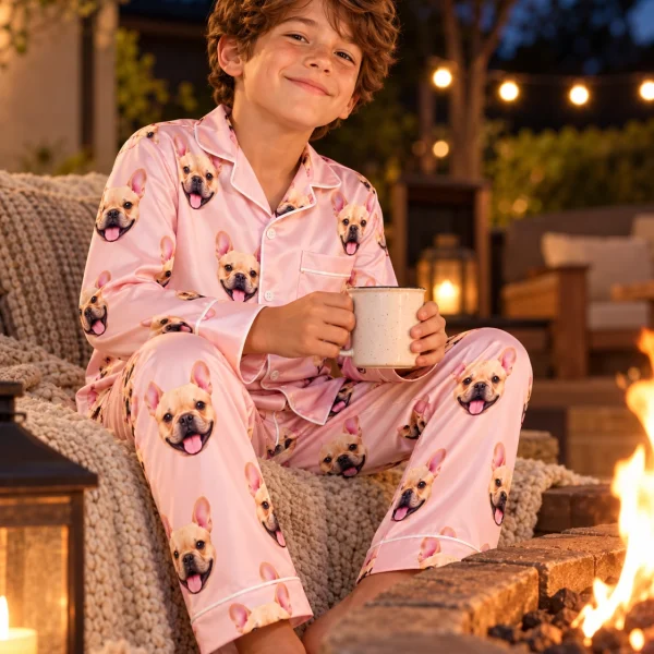 Boy sitting in boys easter pajamas covered in fawn French bulldog faces — MyDogPics