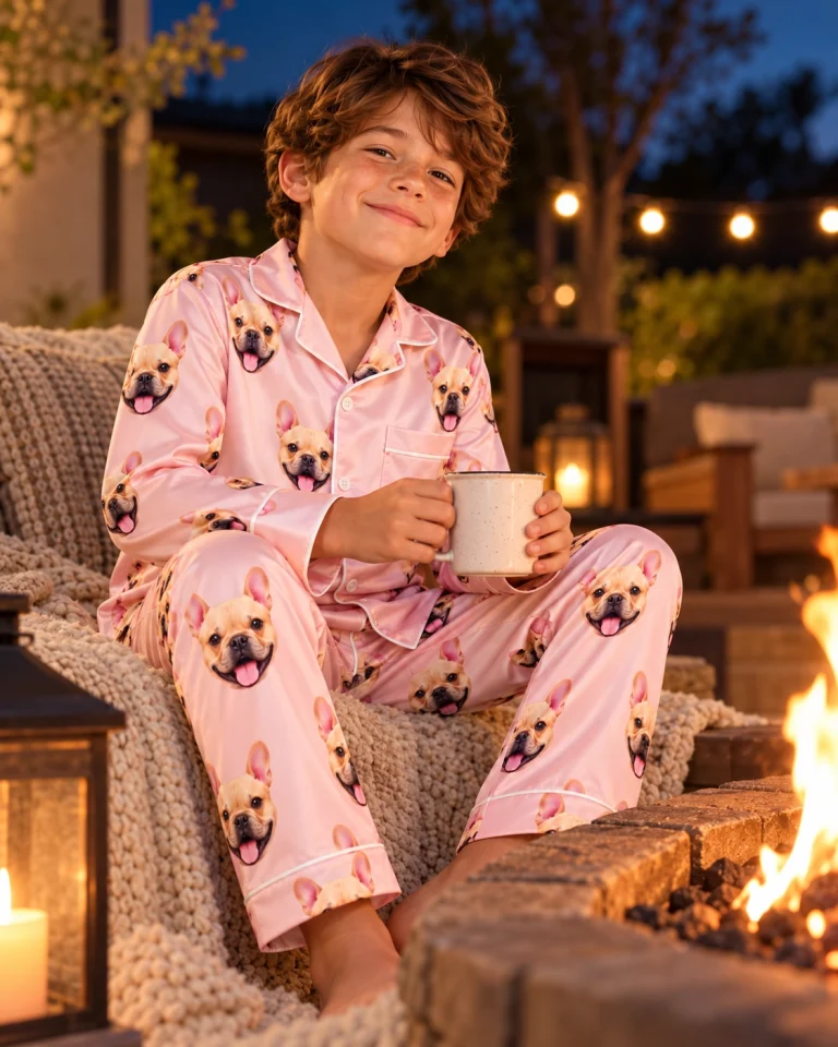 Boy sitting in boys easter pajamas covered in fawn French bulldog faces — MyDogPics