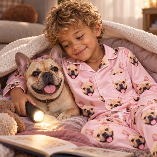 Boy in boys easter pajamas with his French bulldog — MyDogPics