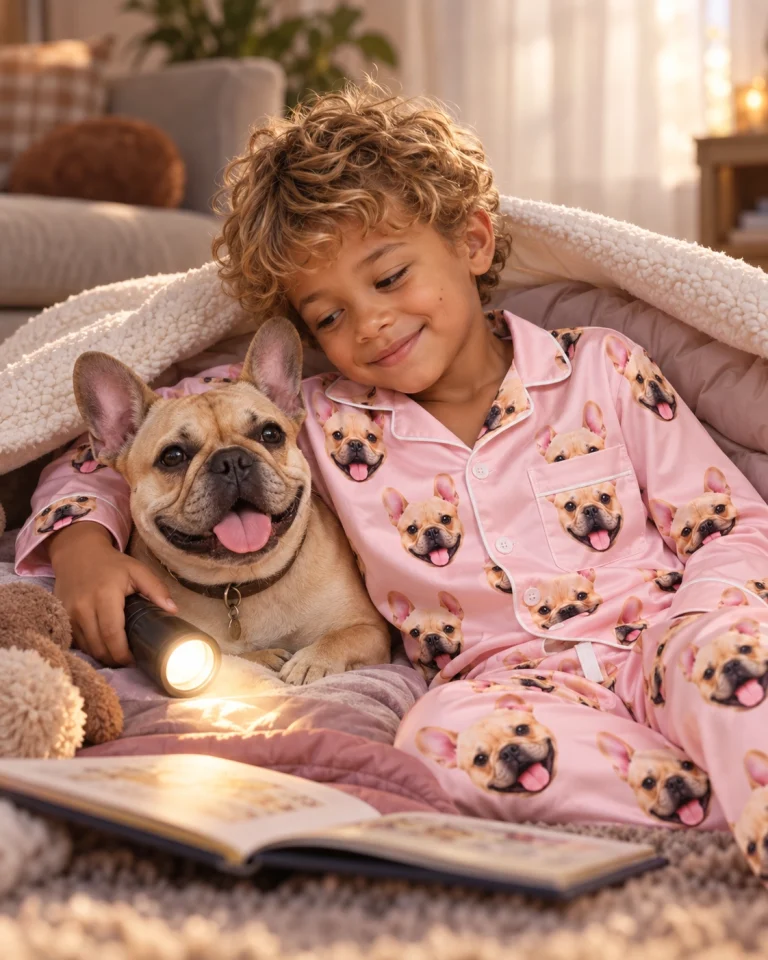 Boy in boys easter pajamas with his French bulldog — MyDogPics