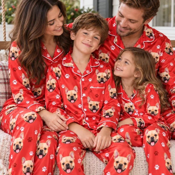 Boy and his family in matching boys holiday pajamas with fawn French bulldog faces on red paw-print satin — MyDogPics