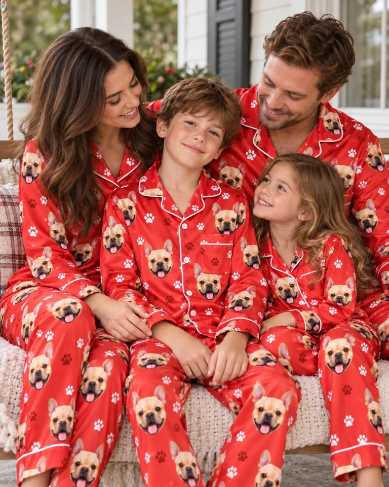 Boy and his family in matching boys holiday pajamas with fawn French bulldog faces on red paw-print satin — MyDogPics