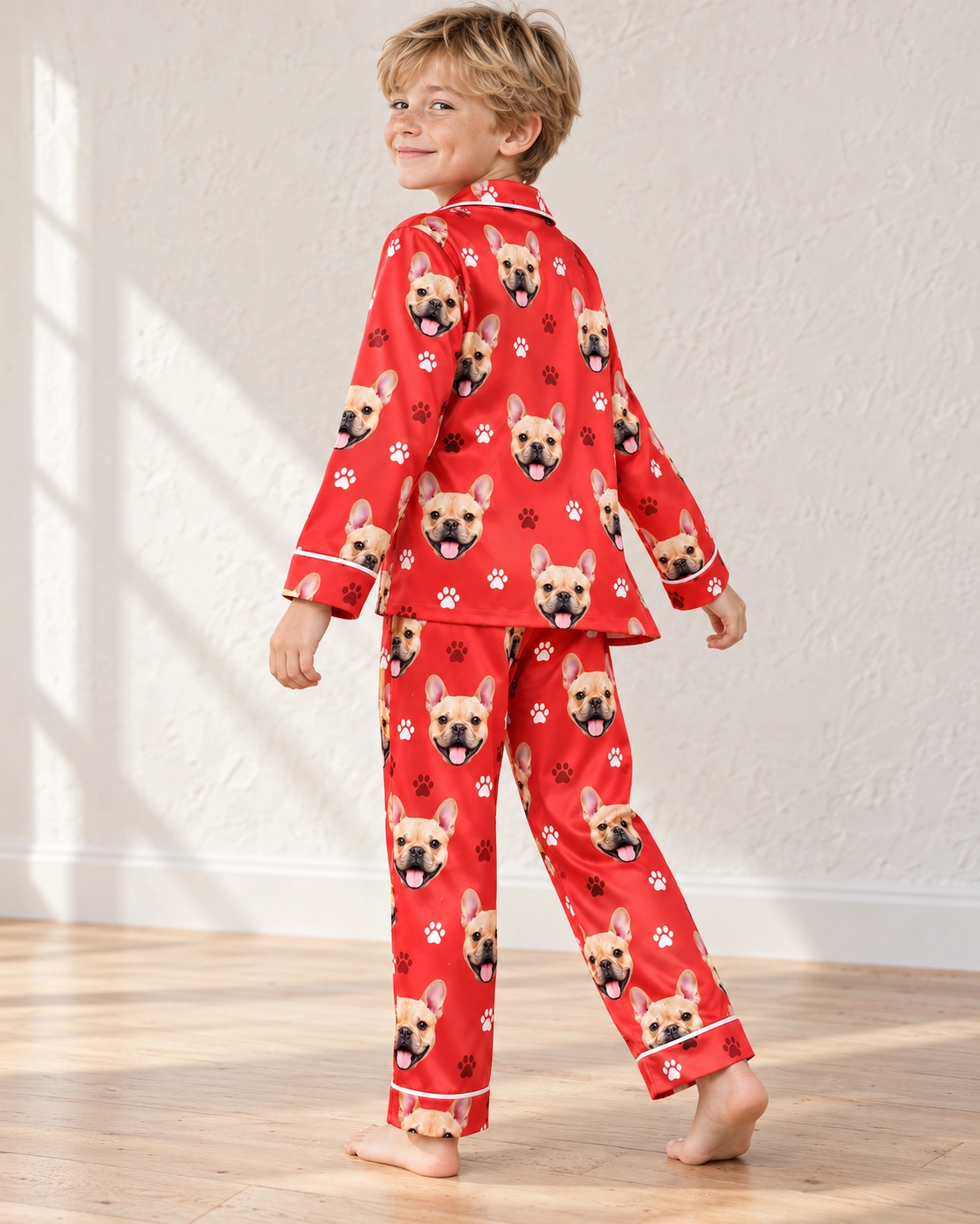 Boys Holiday Pajamas – Front View, Red Paw-Print | MyDogPics Boy wearing boys holiday pajamas covered in fawn French bulldog faces on red paw-print satin — MyDogPics