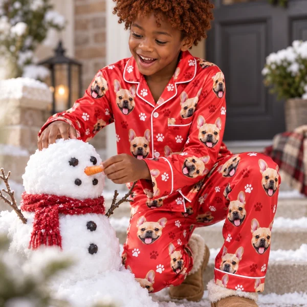 Boy posing in boys holiday pajamas, fawn French bulldog faces on red paw-print satin — MyDogPics
