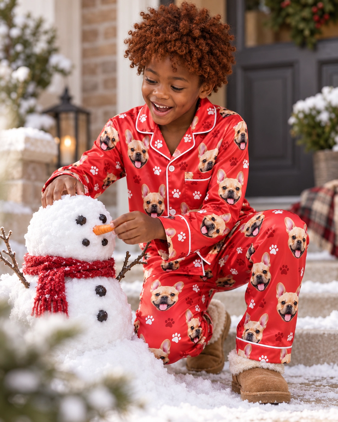 Boys Holiday Pajamas – Pose, Red Paw-Print | MyDogPics Boy posing in boys holiday pajamas, fawn French bulldog faces on red paw-print satin — MyDogPics
