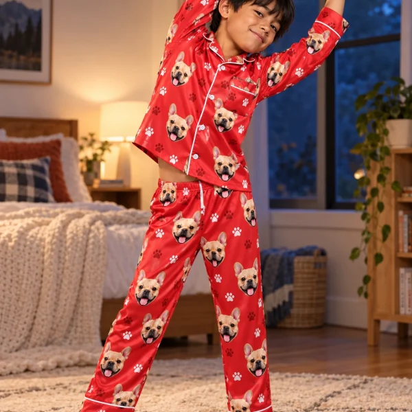 Boy posing in boys holiday pajamas, fawn French bulldog faces on red paw-print satin — MyDogPics