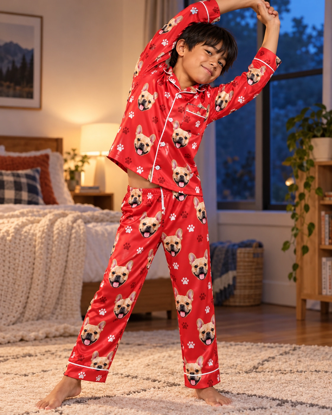 Boys Holiday Pajamas – Pose, Red Paw-Print | MyDogPics Boy posing in boys holiday pajamas, fawn French bulldog faces on red paw-print satin — MyDogPics