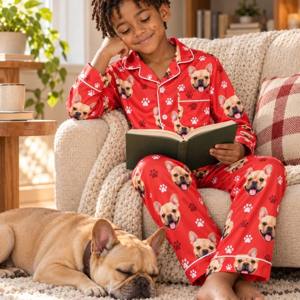 Boy in boys holiday pajamas with his French bulldog — MyDogPics