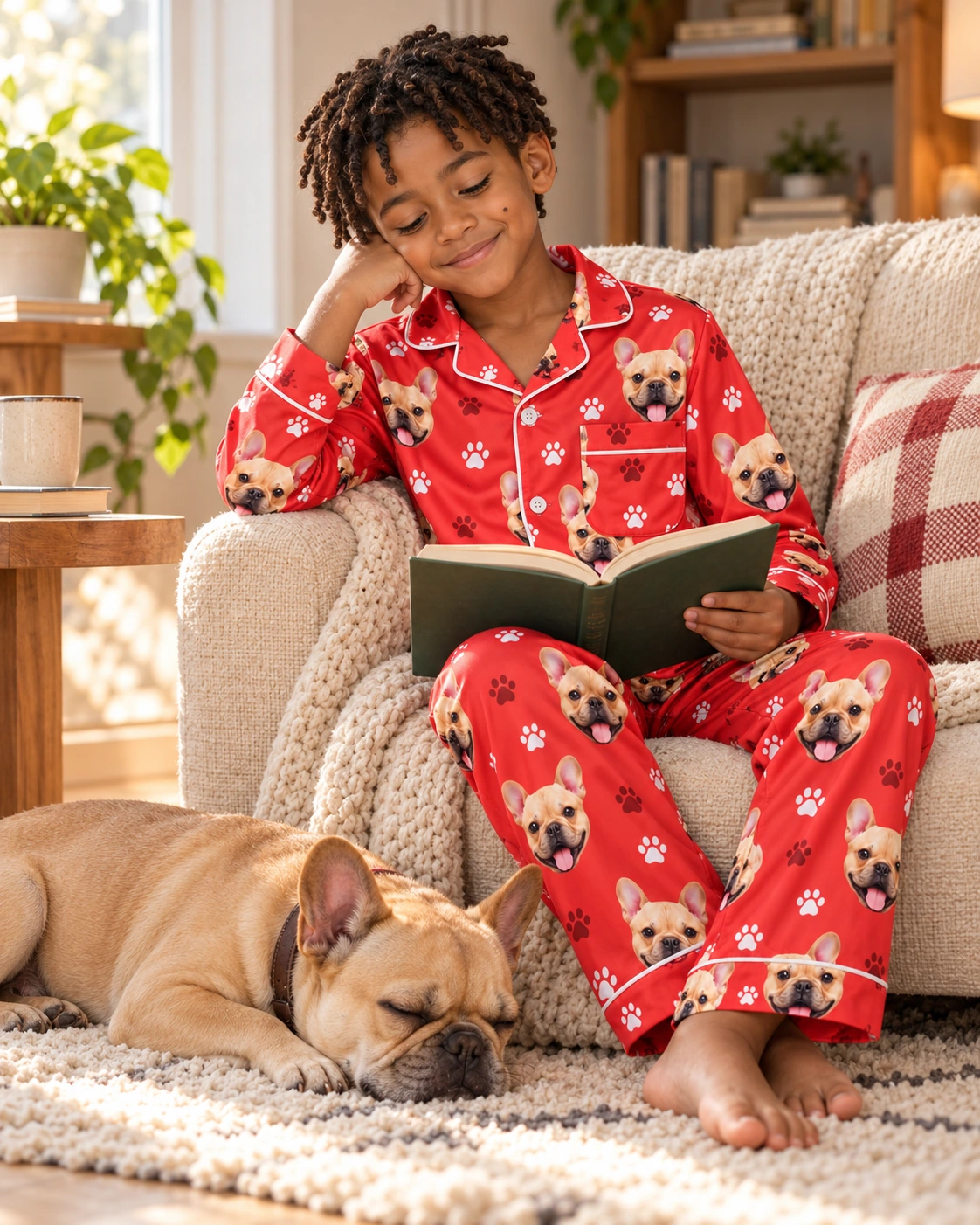 Boys Holiday Pajamas – With Dog, Red Paw-Print | MyDogPics Boy in boys holiday pajamas with his French bulldog — MyDogPics
