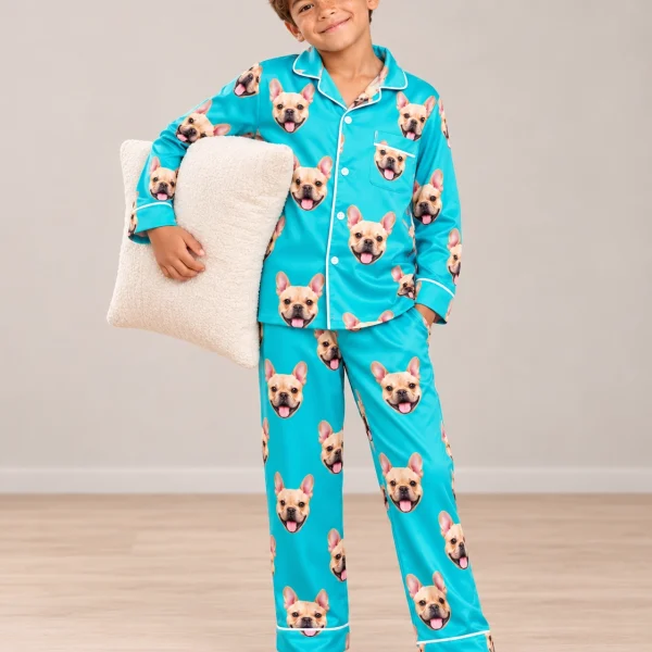 Boy wearing boys long sleeve pajamas covered in fawn French bulldog faces on teal satin — MyDogPics