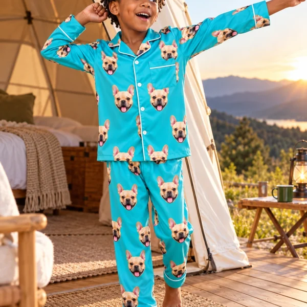 Boy posing in boys long sleeve pajamas, fawn French bulldog faces on teal satin — MyDogPics