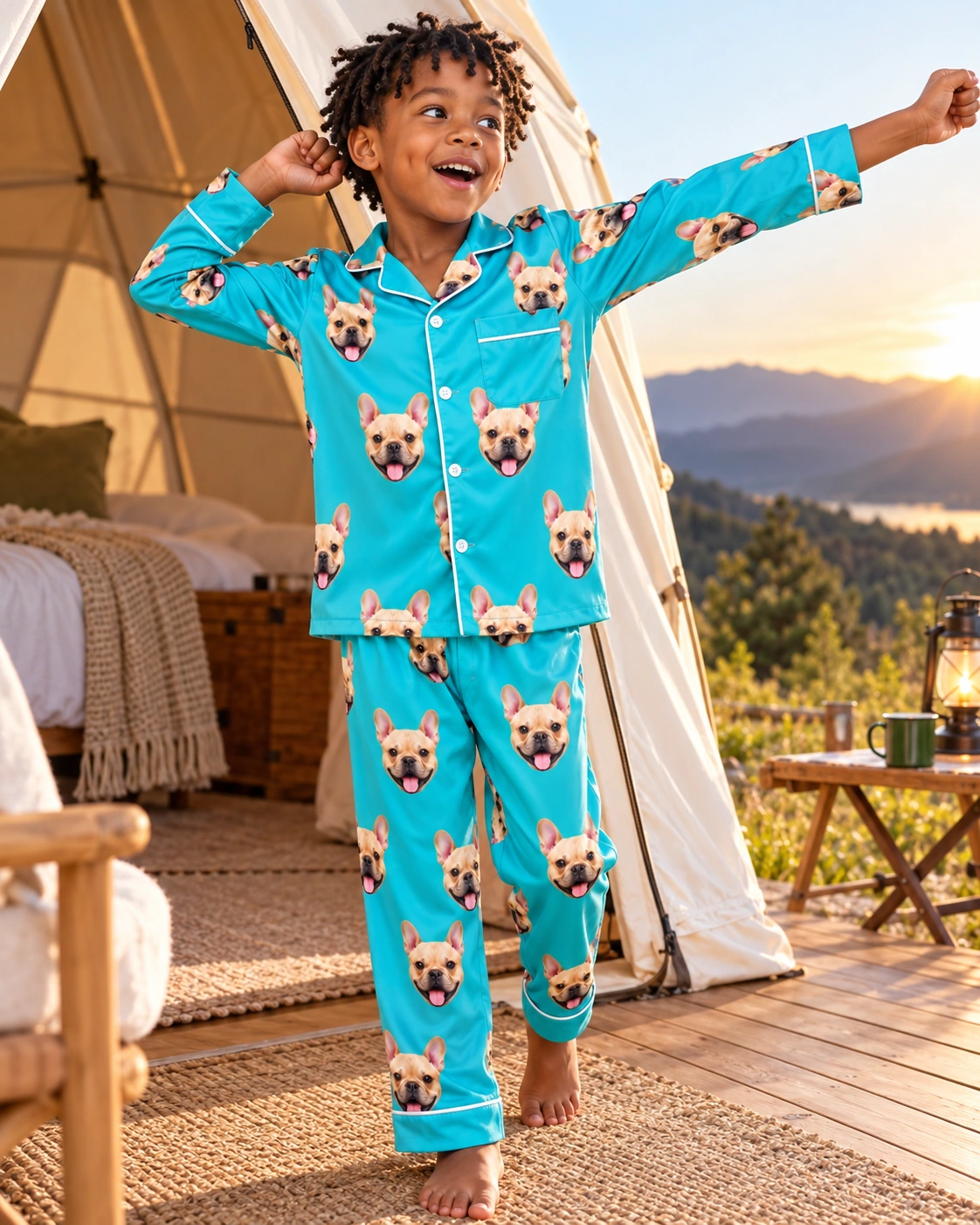 Boys Long Sleeve Pajamas – Pose, Teal | MyDogPics Boy posing in boys long sleeve pajamas, fawn French bulldog faces on teal satin — MyDogPics