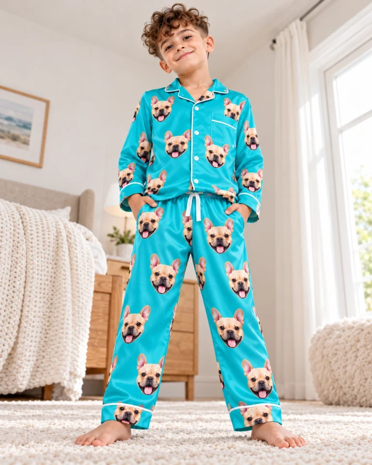 Boy posing in boys long sleeve pajamas, fawn French bulldog faces on teal satin — MyDogPics