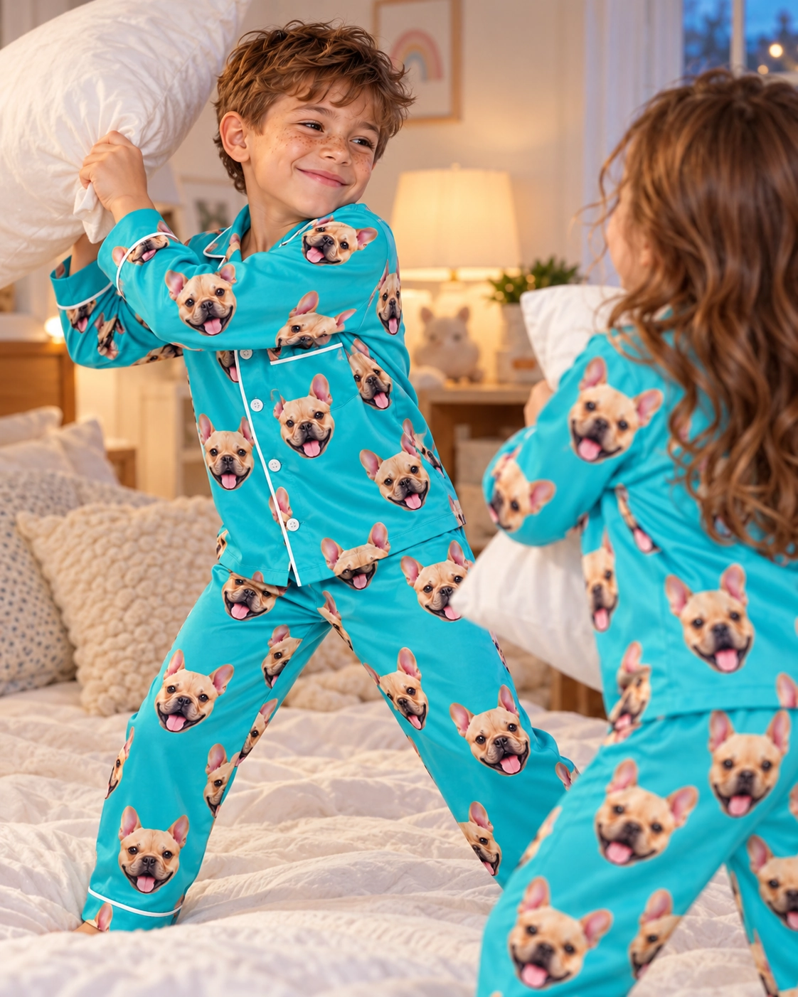 Boys Long Sleeve Pajamas – Two Kids, Teal | MyDogPics Two kids in boys long sleeve pajamas with fawn French bulldog faces on teal satin — MyDogPics