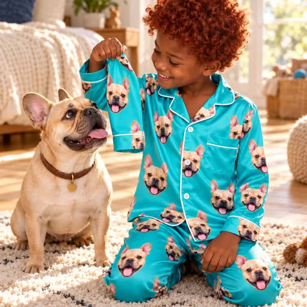 Boy in boys long sleeve pajamas with his French bulldog — MyDogPics