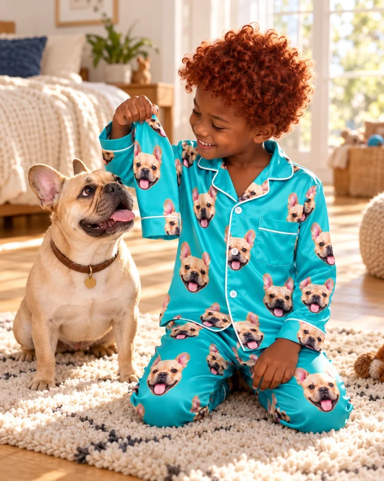 Boy in boys long sleeve pajamas with his French bulldog — MyDogPics