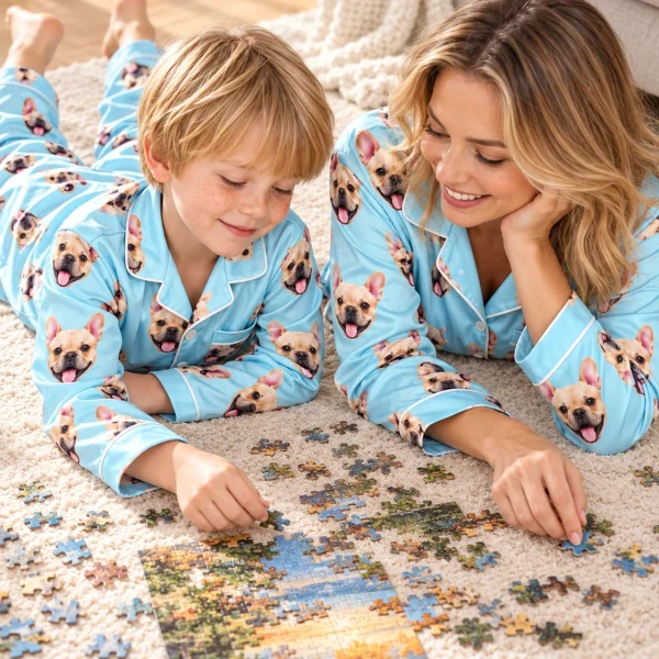 Boy and his mom in matching boys pajama sets with fawn French bulldog faces on light blue satin — MyDogPics
