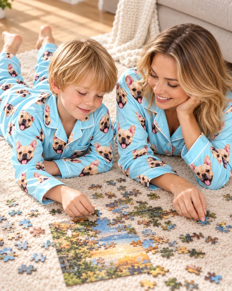 Boy and his mom in matching boys pajama sets with fawn French bulldog faces on light blue satin — MyDogPics