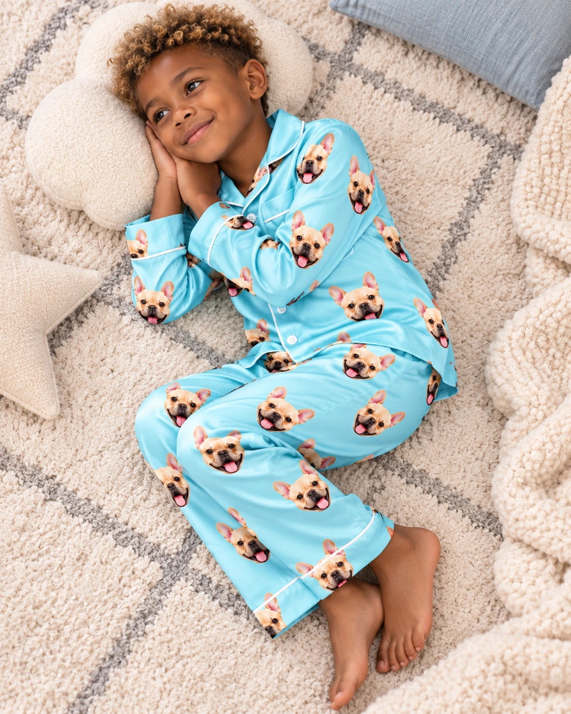 Boys Pajama Sets – Pose, Light Blue | MyDogPics Boy posing in a boys pajama sets, fawn French bulldog faces on light blue satin — MyDogPics