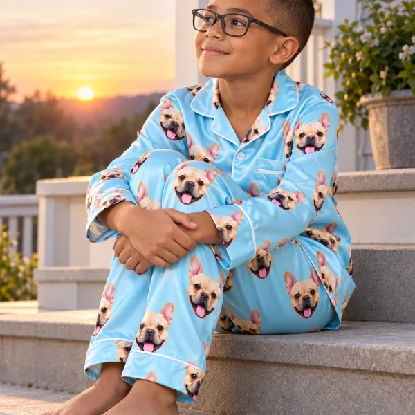 Boy sitting in a boys pajama sets covered in fawn French bulldog faces — MyDogPics