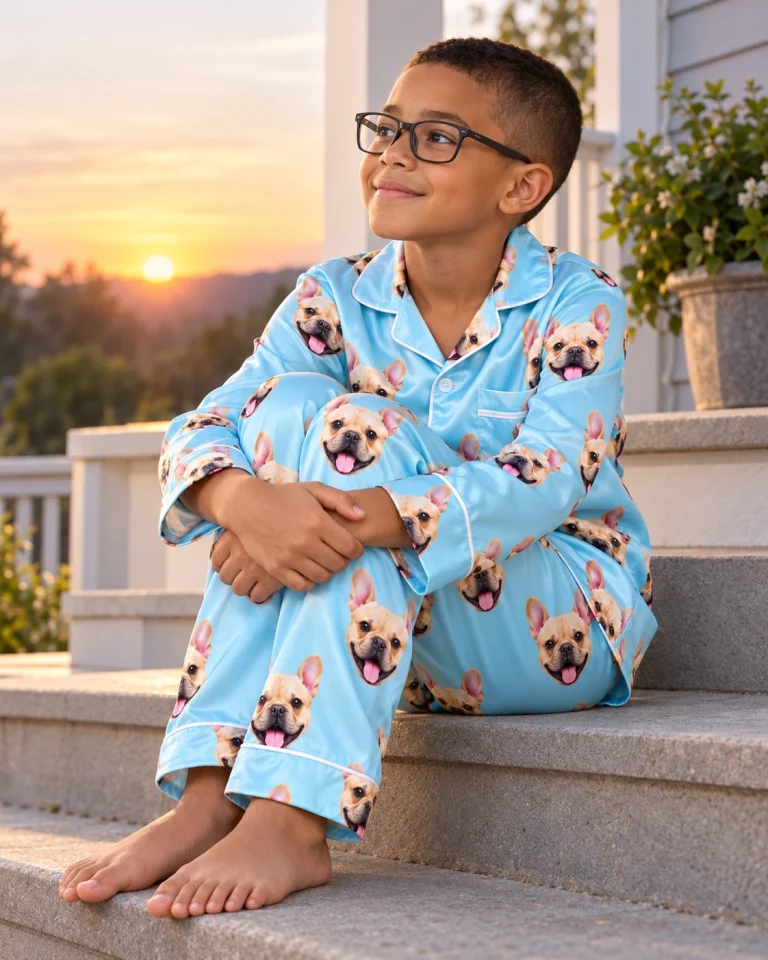 Boy sitting in a boys pajama sets covered in fawn French bulldog faces — MyDogPics