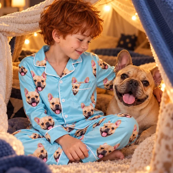 Boy in a boys pajama sets with his French bulldog — MyDogPics