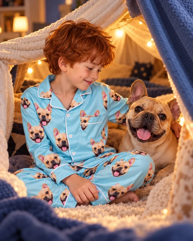 Boy in a boys pajama sets with his French bulldog — MyDogPics
