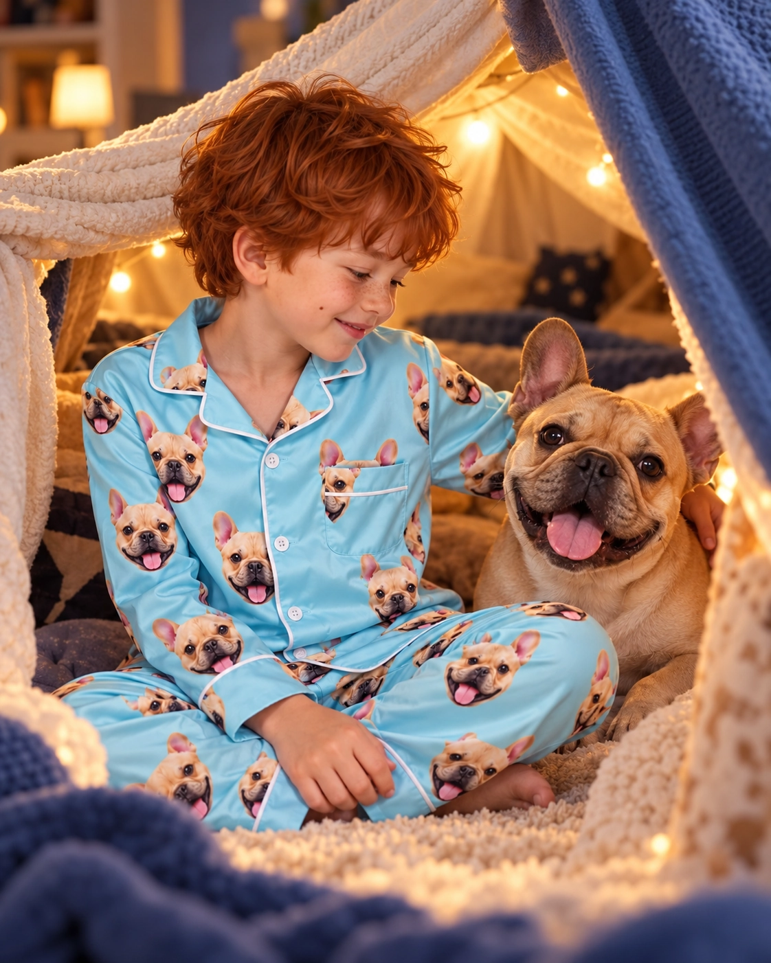 Boys Pajama Sets – With Dog, Light Blue | MyDogPics Boy in a boys pajama sets with his French bulldog — MyDogPics