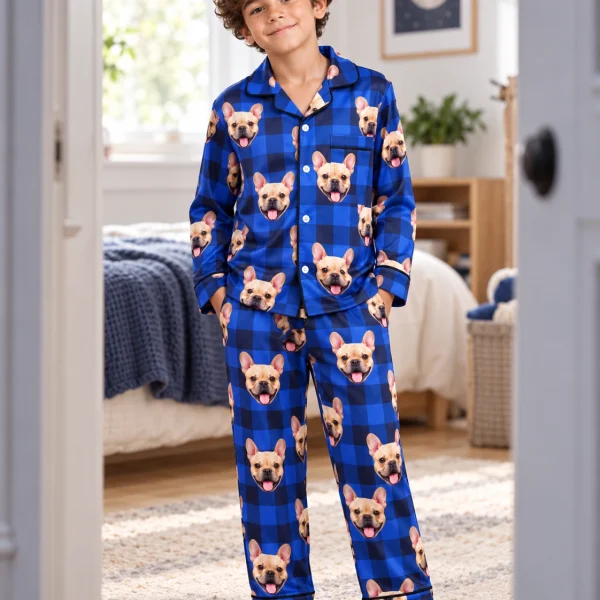 Boy wearing boys plaid pajama pants covered in fawn French bulldog faces on blue plaid satin — MyDogPics