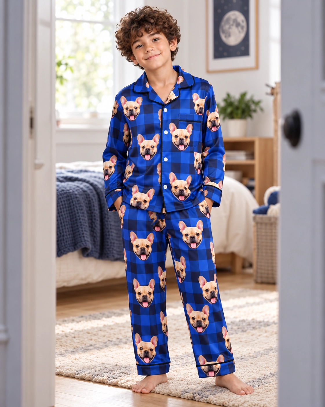 Boys Plaid Pajama Pants – Front View, Blue Plaid | MyDogPics Boy wearing boys plaid pajama pants covered in fawn French bulldog faces on blue plaid satin — MyDogPics