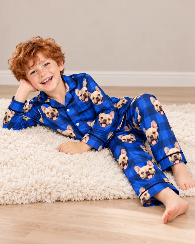 Boy posing in boys plaid pajama pants, fawn French bulldog faces on blue plaid satin — MyDogPics
