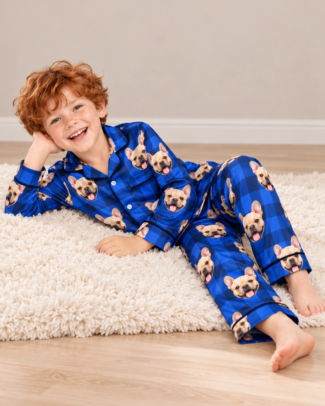 Boys Plaid Pajama Pants – Pose, Blue Plaid | MyDogPics Boy posing in boys plaid pajama pants, fawn French bulldog faces on blue plaid satin — MyDogPics