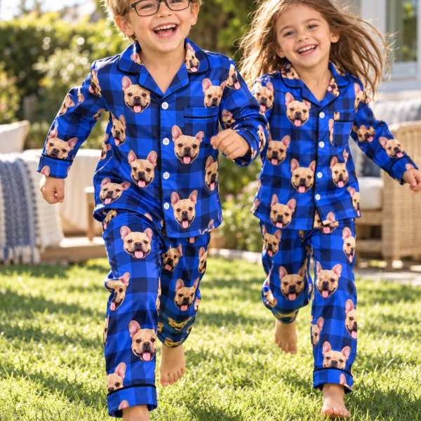 Two kids in boys plaid pajama pants with fawn French bulldog faces on blue plaid satin — MyDogPics