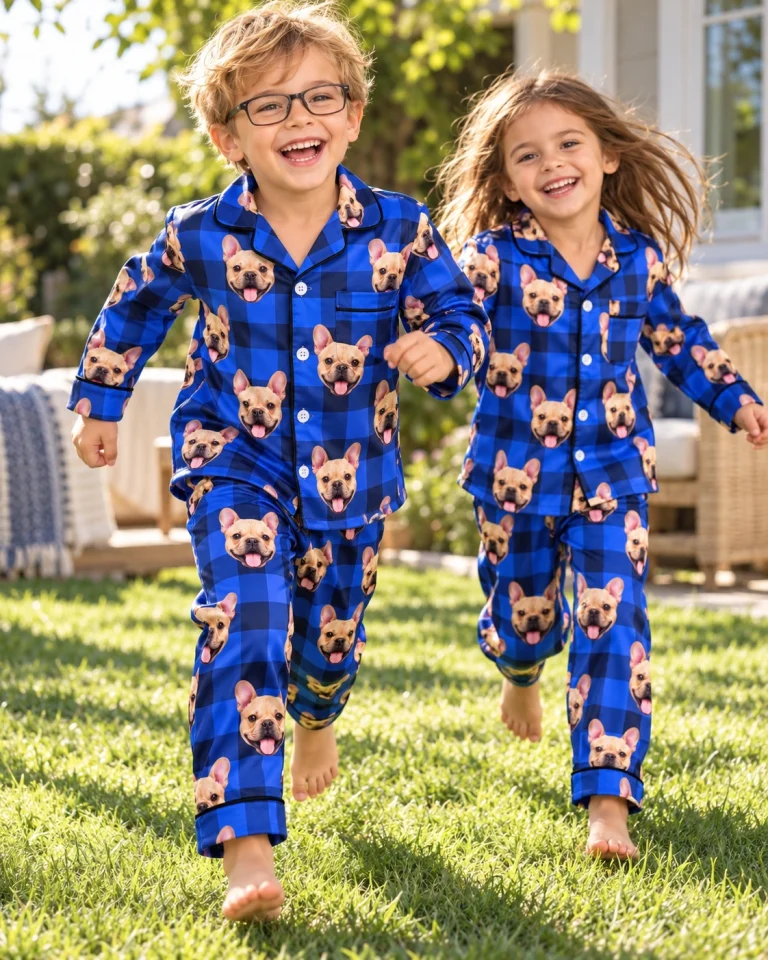 Two kids in boys plaid pajama pants with fawn French bulldog faces on blue plaid satin — MyDogPics